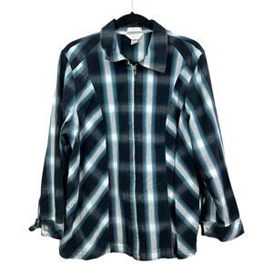 CJ Banks Womens Plaid Jacket Stretch Collared‎ Long Sleeves Zip Teal White Sz 2X